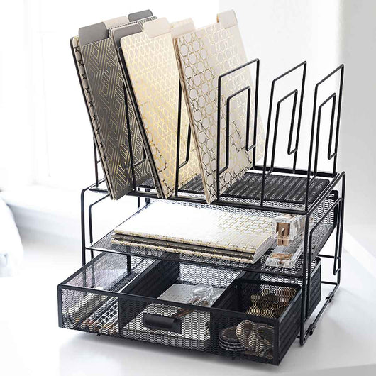 Fontvieille Desk Organizer with File Sorters and Drawer - Black