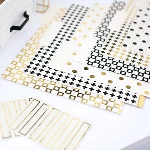 Decorative File Folders - 1/3 Cut Tabs - Letter Size - Set of 12 - 2 Each of 6 Cute Patterns with Gold Foil - (Geometric White Black Gold)