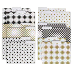 Decorative File Folders - 1/3 Cut Tabs - Letter Size - Set of 12 - 2 Each of 6 Cute Patterns with Gold Foil - (Geometric White Black Gold)