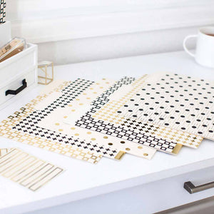 Decorative File Folders - 1/3 Cut Tabs - Letter Size - Set of 12 - 2 Each of 6 Cute Patterns with Gold Foil - (Geometric White Black Gold)