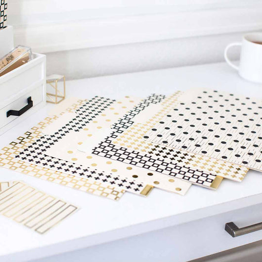 Decorative File Folders - 1/3 Cut Tabs - Letter Size - Set of 12 - 2 Each of 6 Cute Patterns with Gold Foil - (Geometric White Black Gold)