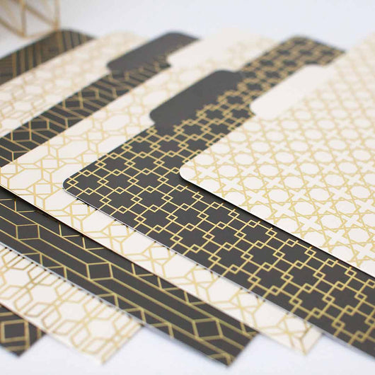 Decorative File Folders - 1/3 Cut Tabs - Letter Size - Set of 12 - 2 Each of 6 Cute Patterns with Gold Foil (Dark Gray and Cream)
