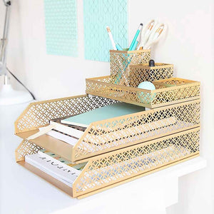 Load image into Gallery viewer, Riviera 6 Piece Gold Interlocking Desk Organizer Set
