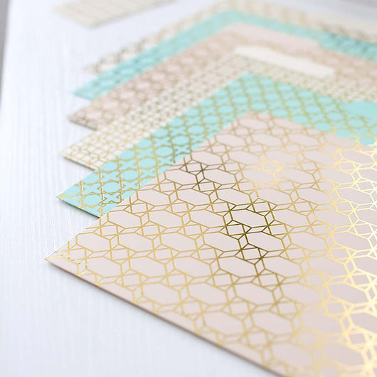 Decorative File Folders - 1/3 Cut Tabs - Letter Size - Set of 12 - 2 Each of 6 Cute Patterns with Gold Foil (Pink Aqua and Cream)