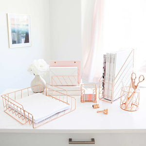Monte Rose Gold Desk Organizer Set - 5 Piece - Metal Wire - Diagonal Pattern