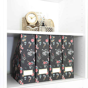 Foldable Magazine File Holder with Gold Label Holder - Set of 4 - Floral and Black