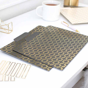 Decorative File Folders - 1/3 Cut Tabs - Letter Size - Set of 12 - 2 Each of 6 Cute Patterns with Gold Foil (Dark Gray and Cream)