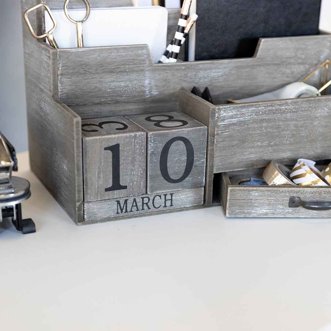 Blu Monaco Dark Wooden Mail Organiser Desk Top With Block Calendar - Mail Sorter Countertop Organiser - Desk Decoration For Women Office