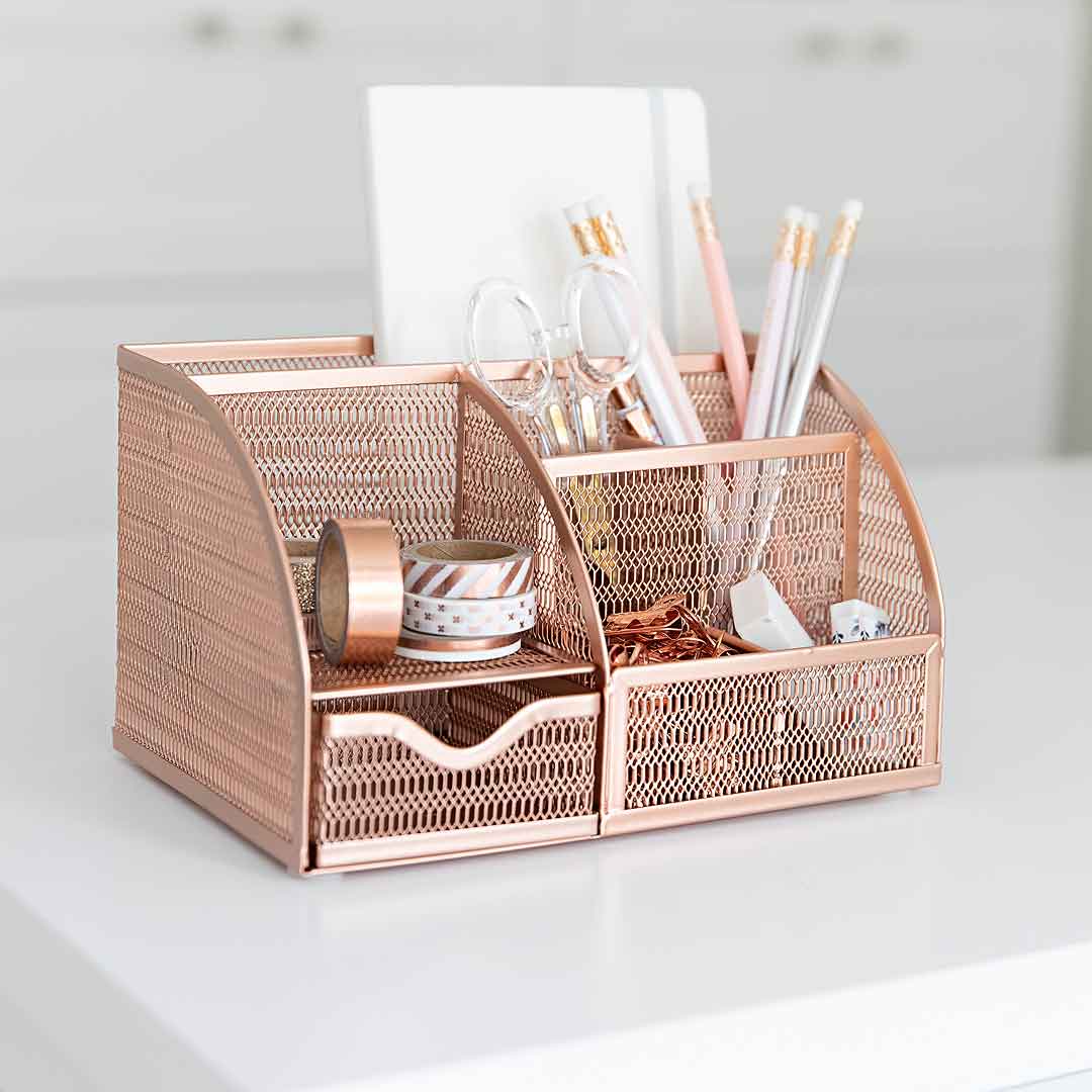 5 Piece Cute Office Supplies Rose Gold Desk Organizer Set - with Desktop  Hang