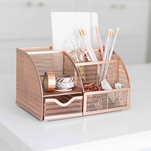 Fontvieille Unique Metal Rose Gold Desk Organizer with Drawer