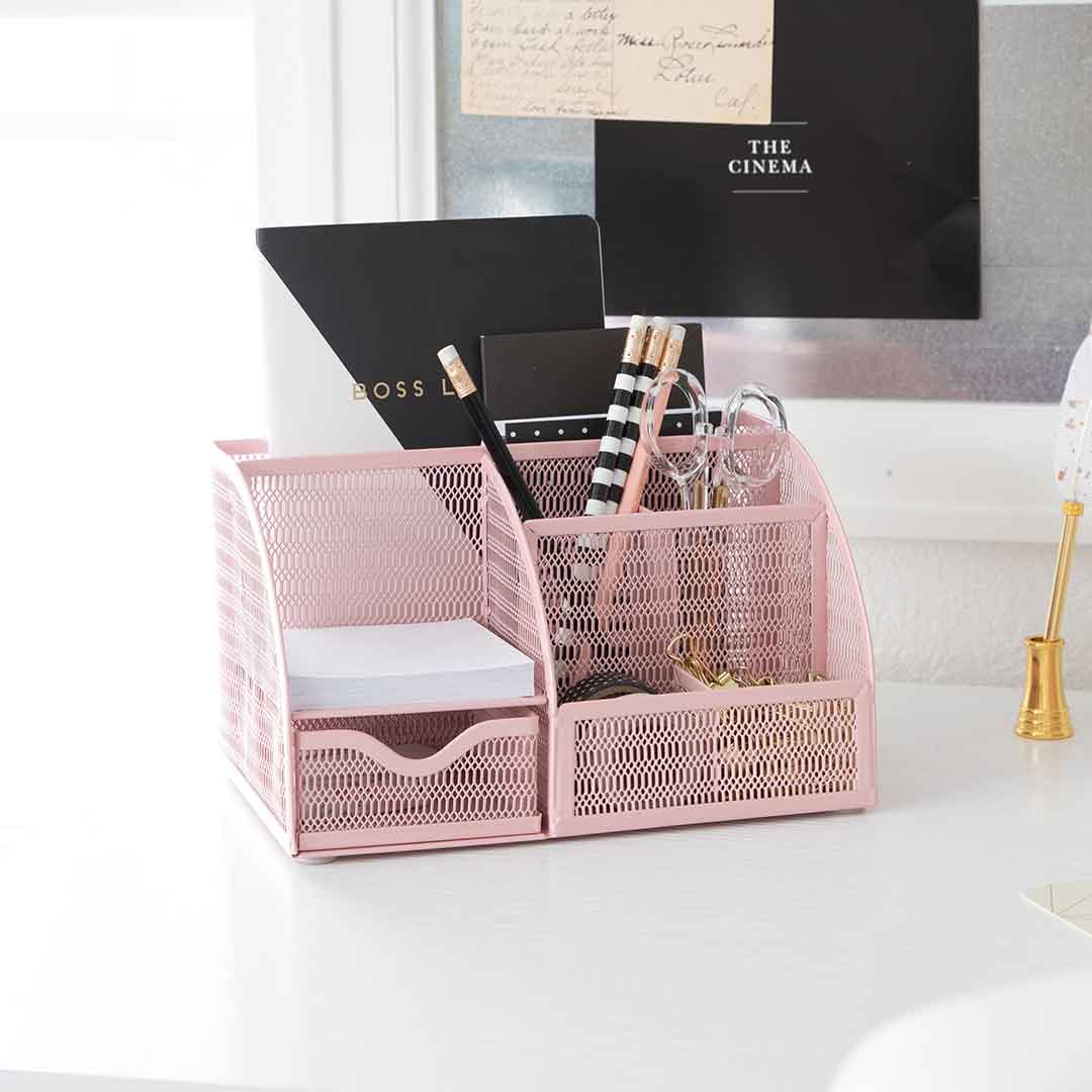 Pink Desk Rack Fontvieille Unique Metal Desk Organizer with Drawer - Pink | Blu Monaco