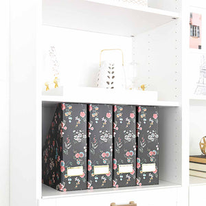 Foldable Magazine File Holder with Gold Label Holder - Set of 4 - Floral and Black