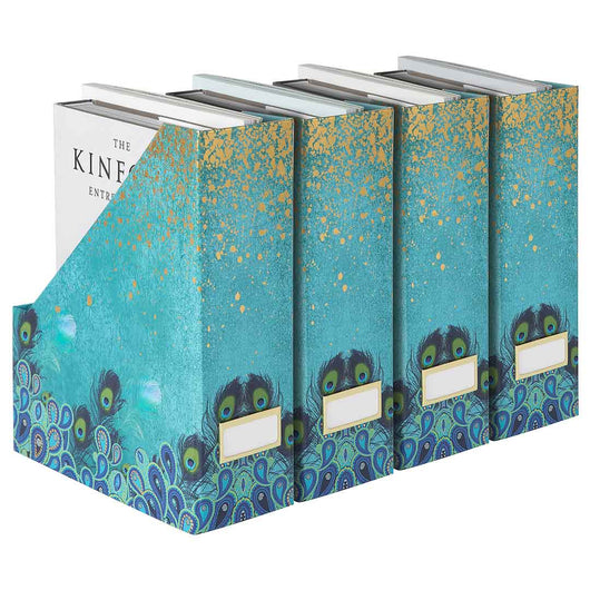 Foldable Magazine File Holder with Gold Label Holder - Set of 4 - Peacock