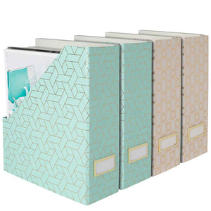 Foldable Magazine File Holder with Gold Label Holder - Set of 4 - Pink and Aqua