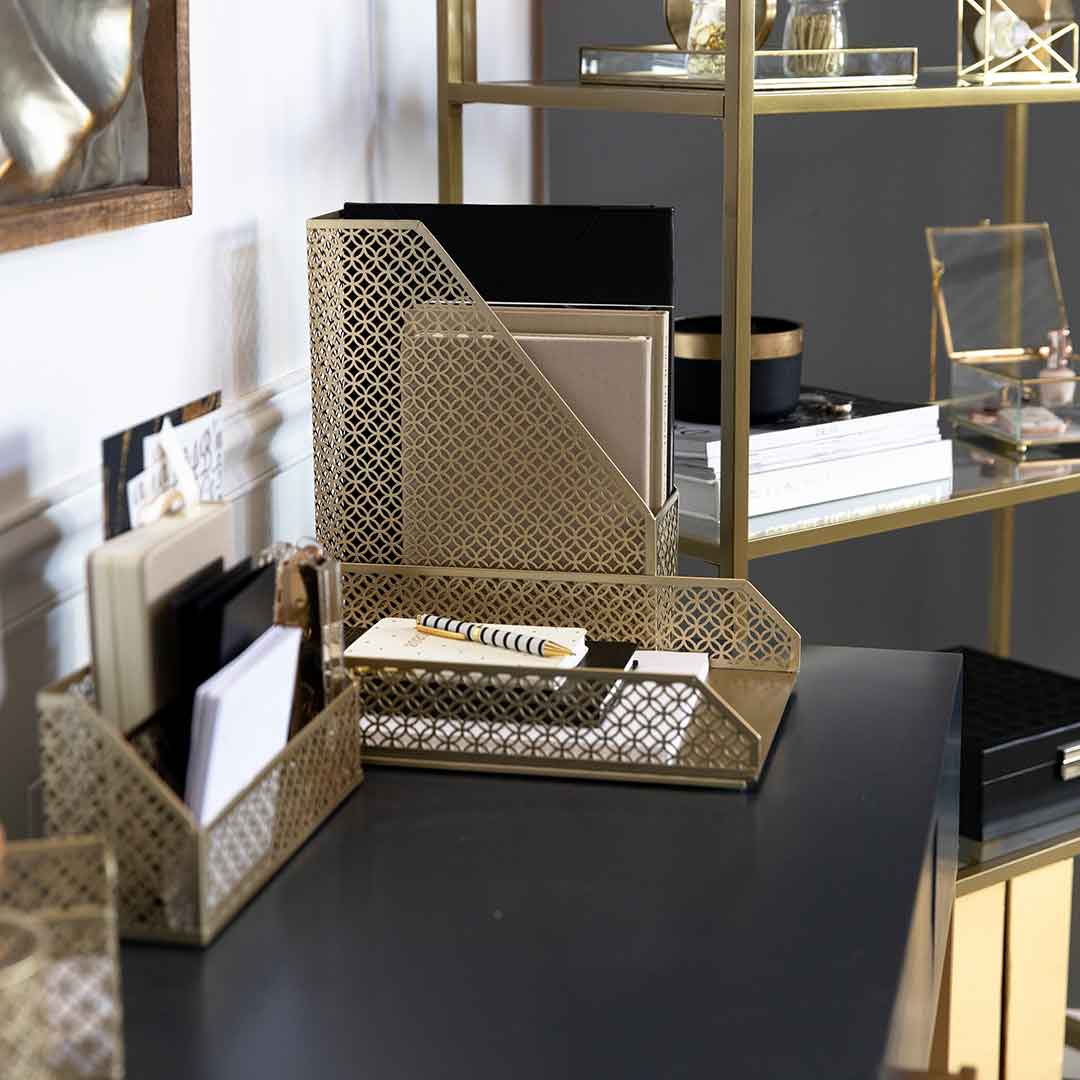 Blu Monaco Office Supplies Rose Gold Desk Accessories for Women-6 Piece Interlocking Stylish Desk Organizer Set- Pen Cup, 3 Accessory Trays