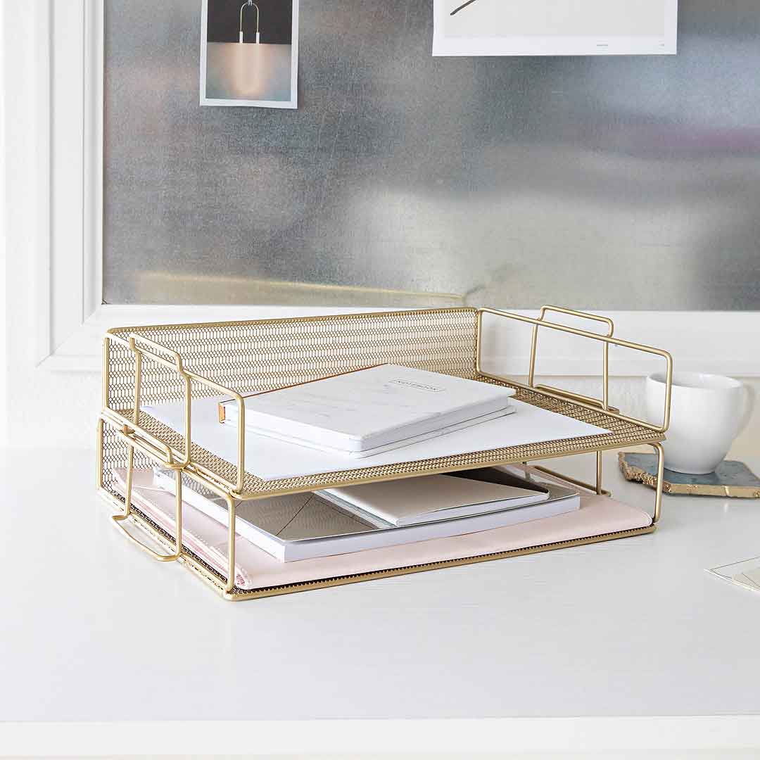 Stackable Paper Trays with Accessory Tray - 4 Tier - Silver Metal Mesh ...