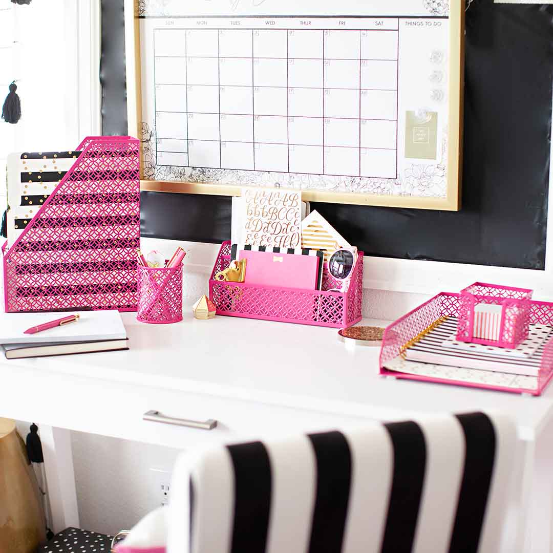 Blu Monaco Pink Office Supplies Hot Pink Desk Accessories for Women Office - 6 Piece Cute Pink Desk Organizer Set
