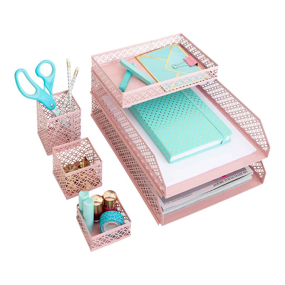 Blu Monaco Office Supplies Pink Desk Accessories for Women-5 Piece Desk  Organizer Set-Mail Sorter, Sticky Note Holder, Pen Cup, Magazine Holder,  Letter Tray-Pink Room Decor for Women and Teen Girls : Buy