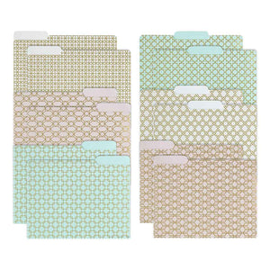Decorative File Folders - 1/3 Cut Tabs - Letter Size - Set of 12 - 2 Each of 6 Cute Patterns with Gold Foil (Pink Aqua and Cream)