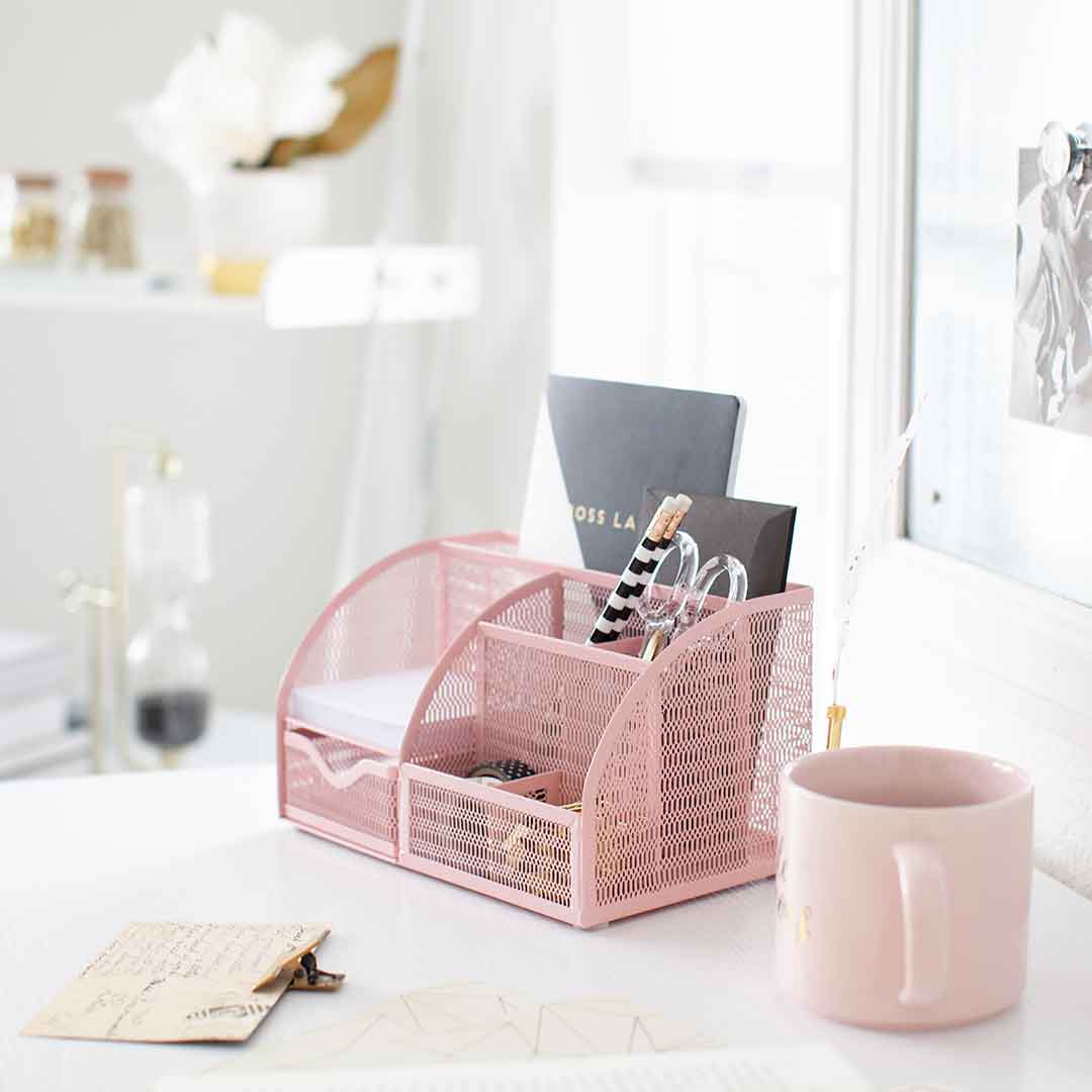 Pink Desk Rack Fontvieille Unique Metal Desk Organizer with Drawer - Pink | Blu Monaco