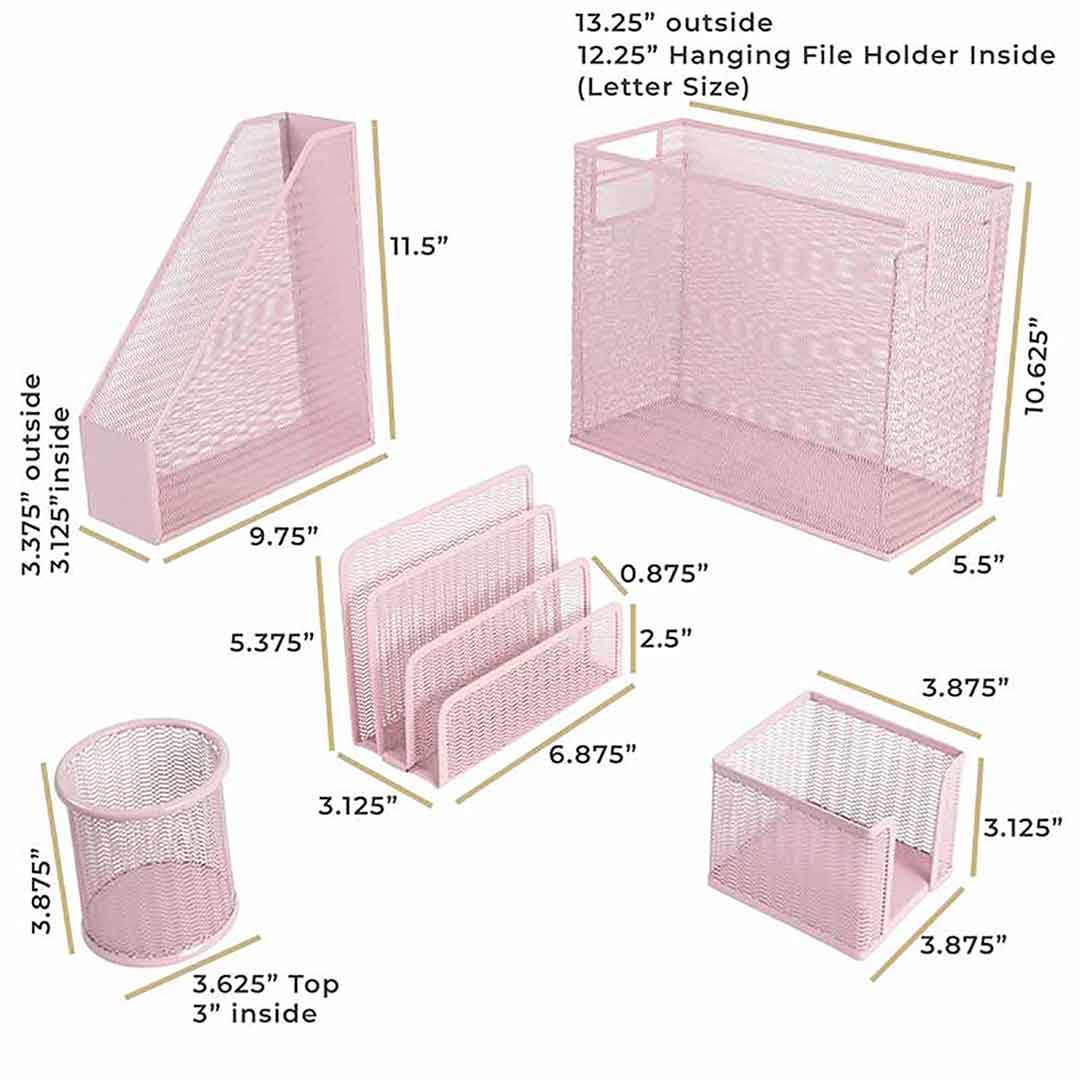Pink File Stand Fontvieille 5 Piece Pink Desk Organizer Set with Desktop Hanging File ...