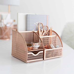 Fontvieille Unique Metal Rose Gold Desk Organizer with Drawer