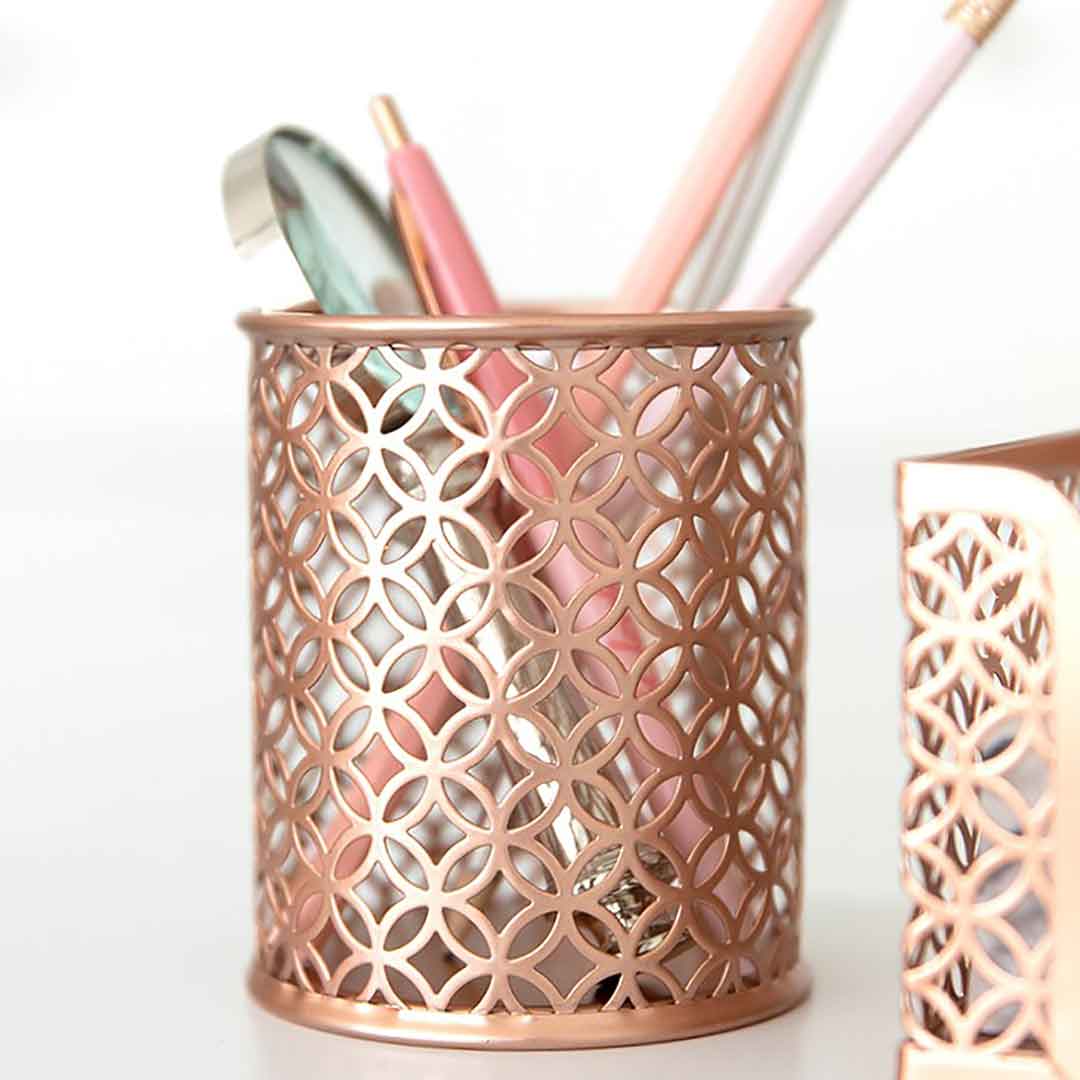 Blu Monaco Office Supplies Rose Gold Desk Accessories for Women-6 Piece Interlocking Stylish Desk Organizer Set- Pen Cup, 3 Accessory Trays