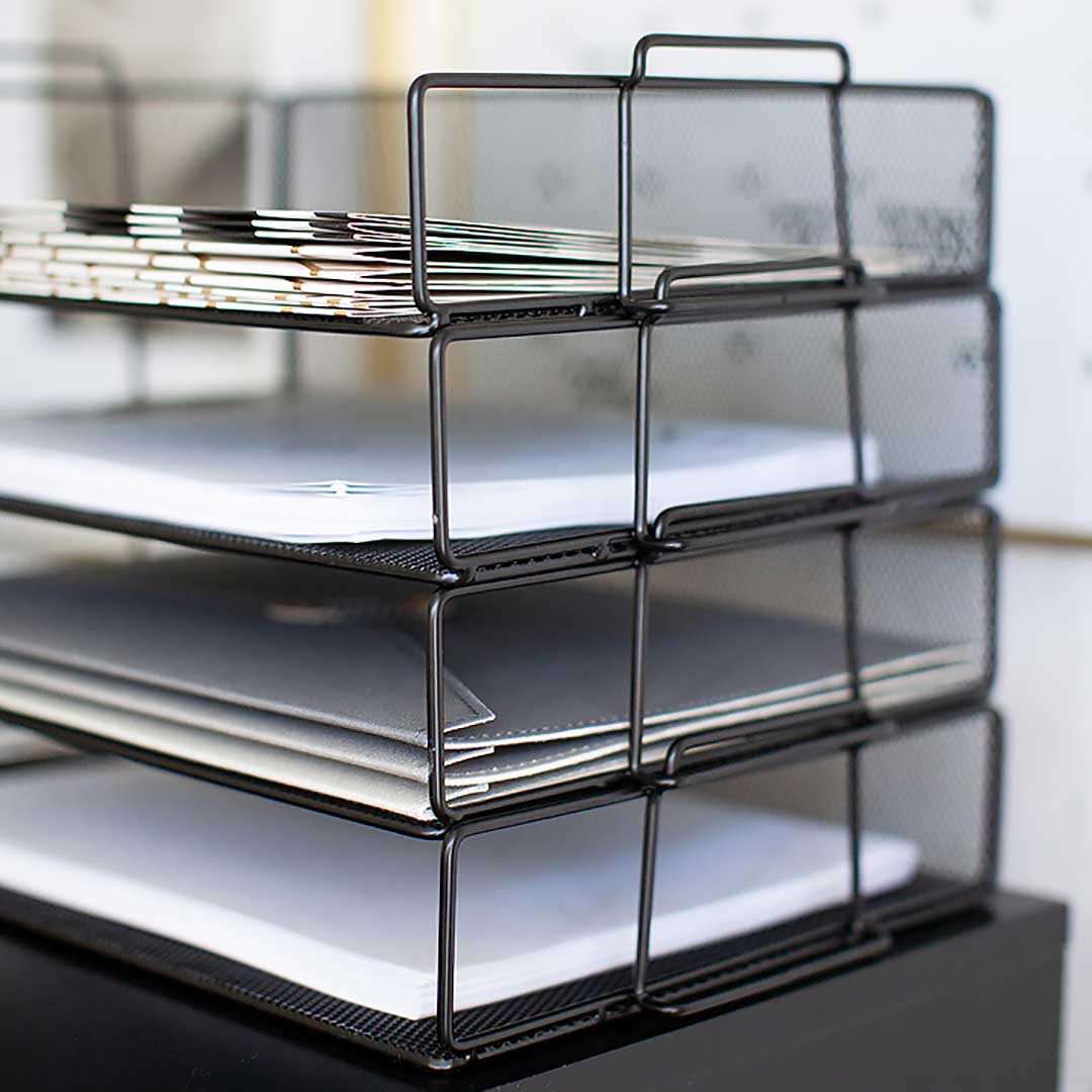 Stackable Paper Tray Desk Organizer – 4 Tier Metal Mesh Letter