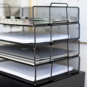 Stackable Paper Trays with Accessory Tray - 4 Tier - Black Metal Mesh - Letter Size