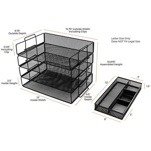 Stackable Paper Trays with Accessory Tray - 4 Tier - Black Metal Mesh - Letter Size