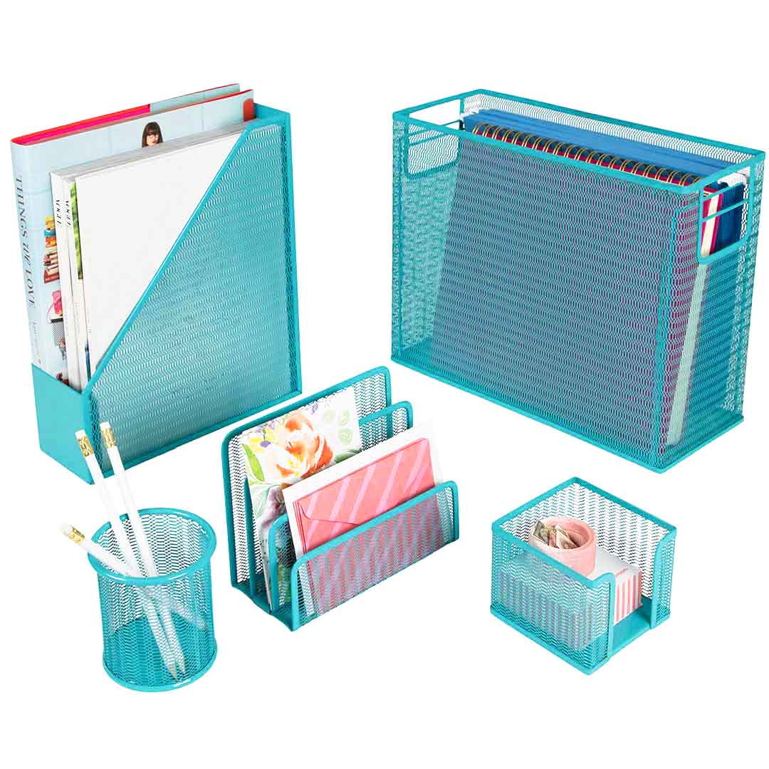 BLU MONACO Aqua - Teal 6 Piece Cute Desk Organizer Set - Desk