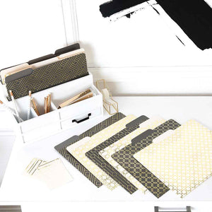 Decorative File Folders - 1/3 Cut Tabs - Letter Size - Set of 12 - 2 Each of 6 Cute Patterns with Gold Foil (Dark Gray and Cream)
