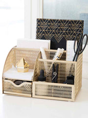 Load image into Gallery viewer, Fontvieille Unique Metal Gold Desk Organizer with Drawer
