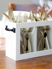 Load image into Gallery viewer, White Wooden Cutlery Caddy with Knife, Fork, and Spoon Pictures

