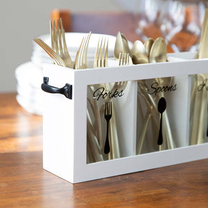 White Wooden Cutlery Caddy with Knife, Fork, and Spoon Pictures