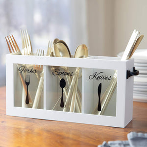 White Wooden Cutlery Caddy with Knife, Fork, and Spoon Pictures