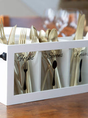 Load image into Gallery viewer, White Wooden Cutlery Caddy with Knife, Fork, and Spoon Pictures
