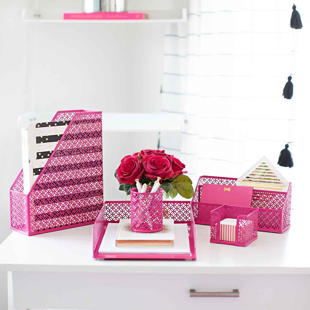 Pink desk organizer. Cute desk accessories for women. Office