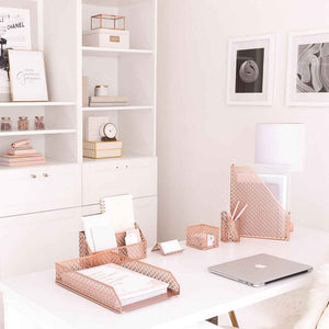 Blu Monaco Office Supplies Rose Gold Desk Accessories for Women - 4 Piece Wire Rose Gold Desk Organizer Set – Letter Sorter, Paper Tray, Pen Cup
