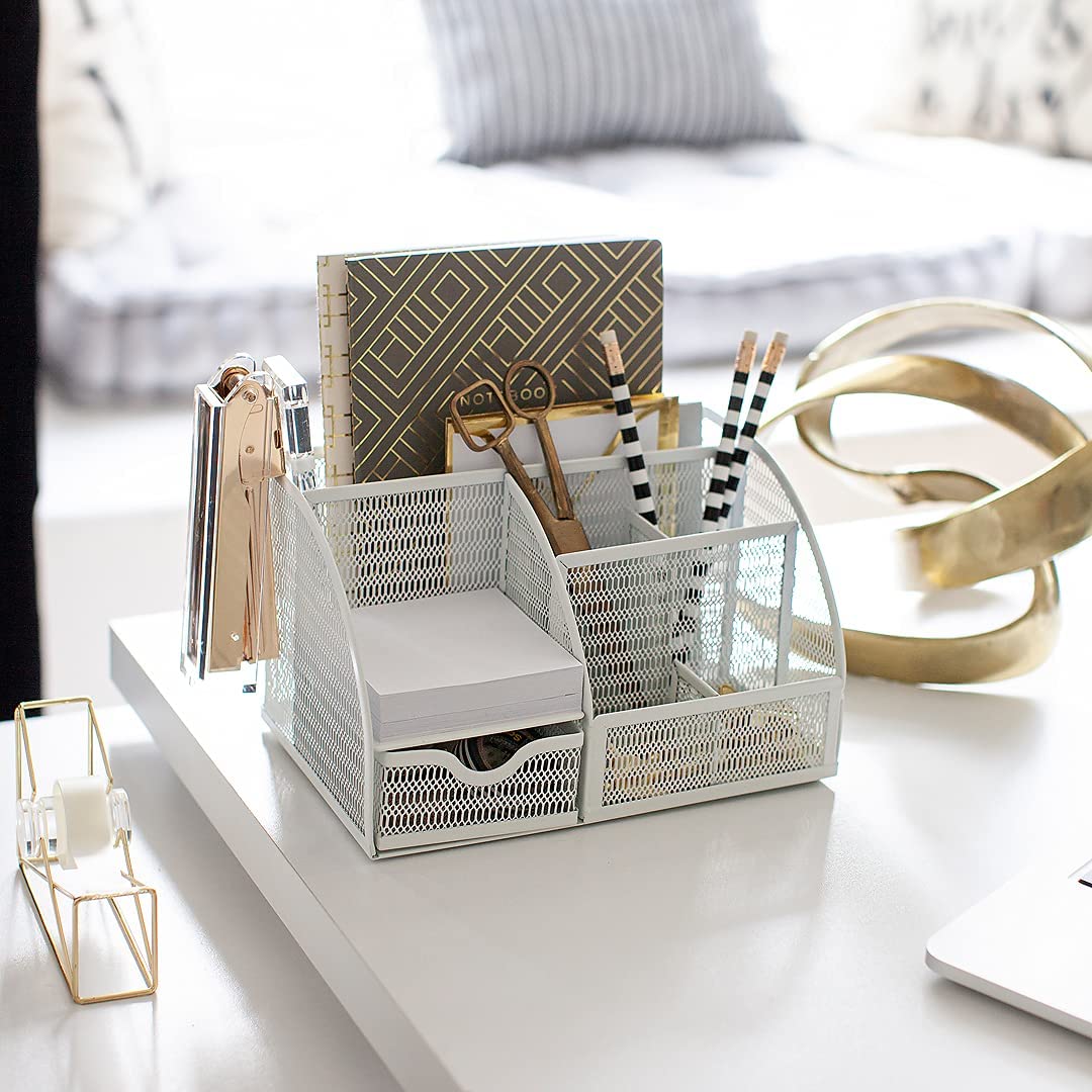 Blu Monaco Monte Unique Metal White Desk Organizer with Drawer