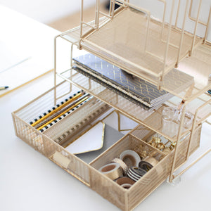 Gold Desk Organizer with File sorters and Drawer
