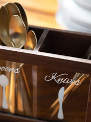Load image into Gallery viewer, Dark Brown Wooden Cutlery Caddy with Knife, Fork, and Spoon Pictures
