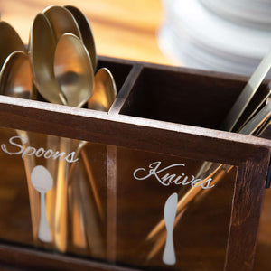 Load image into Gallery viewer, Dark Brown Wooden Cutlery Caddy with Knife, Fork, and Spoon Pictures
