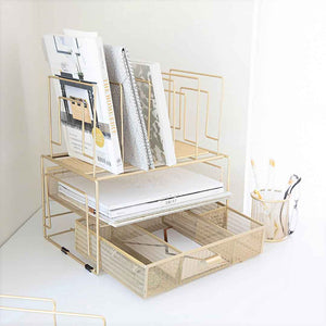 Fontvieille Desk Organizer with File Sorters and Drawer - Gold