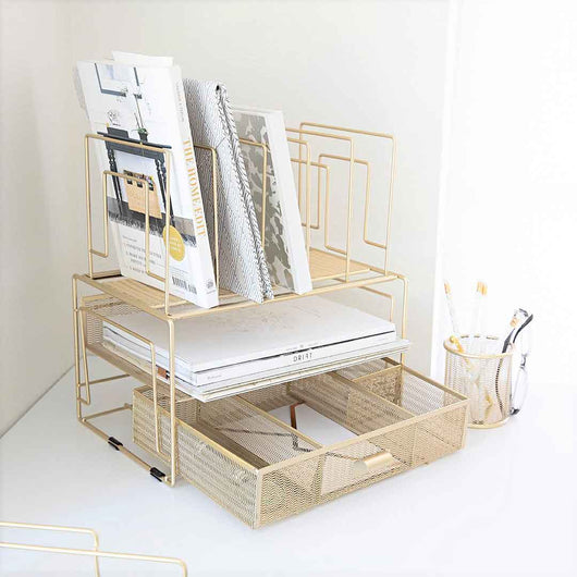 Fontvieille Desk Organizer with File Sorters and Drawer - Gold
