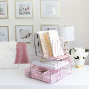 Fontvieille Desk Organizer with File Sorters and Drawer - Pink