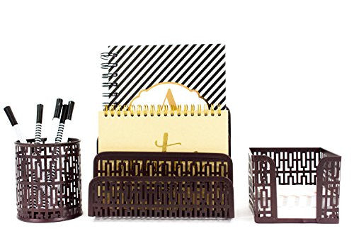 Blu Monaco Bronze Desk Organizer for - 3 Piece Desk Accessories Set - Bronze Trellis Pattern - Blu Monaco