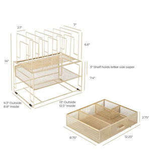 Fontvieille Desk Organizer with File Sorters and Drawer - Gold
