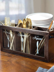 Load image into Gallery viewer, Dark Brown Wooden Cutlery Caddy with Knife, Fork, and Spoon Pictures
