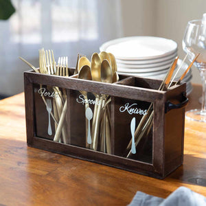 Dark Brown Wooden Cutlery Caddy with Knife, Fork, and Spoon Pictures